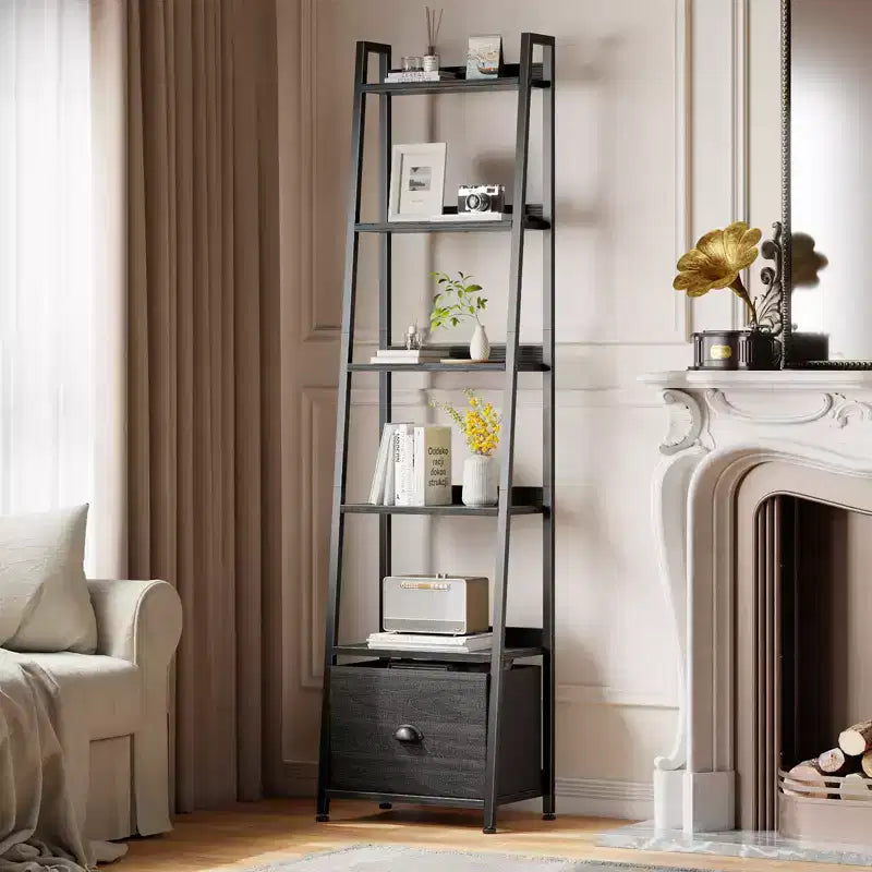 Schwarzes Leiterregal mit 6 Ebenen, Schublade, hoch, industrieller Stil, freistehendes Aufbewahrungsregal aus Holz und Metall, Etagerenregal für Homeoffice und Wohnräume