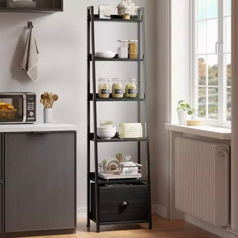 Schwarzes Leiterregal mit 6 Ebenen, Schublade, hoch, industrieller Stil, freistehendes Aufbewahrungsregal aus Holz und Metall, Etagerenregal für Homeoffice und Wohnräume