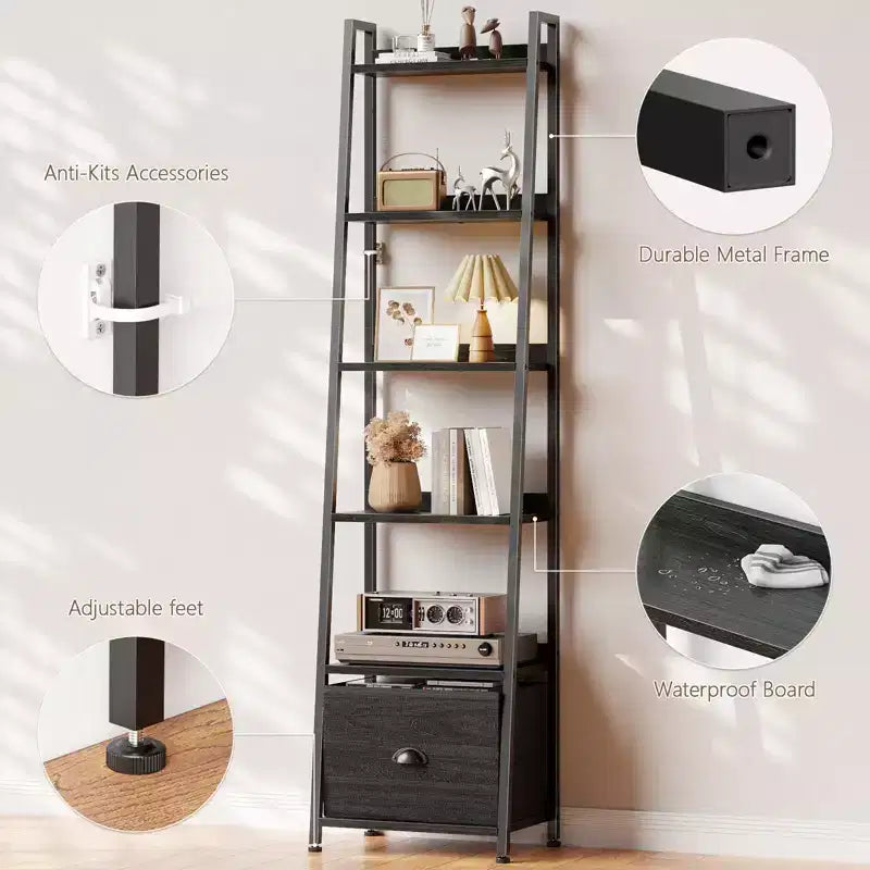 Schwarzes Leiterregal mit 6 Ebenen, Schublade, hoch, industrieller Stil, freistehendes Aufbewahrungsregal aus Holz und Metall, Etagerenregal für Homeoffice und Wohnräume