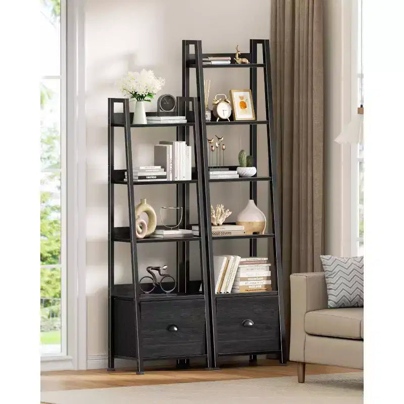 Schwarzes Leiterregal mit 6 Ebenen, Schublade, hoch, industrieller Stil, freistehendes Aufbewahrungsregal aus Holz und Metall, Etagerenregal für Homeoffice und Wohnräume