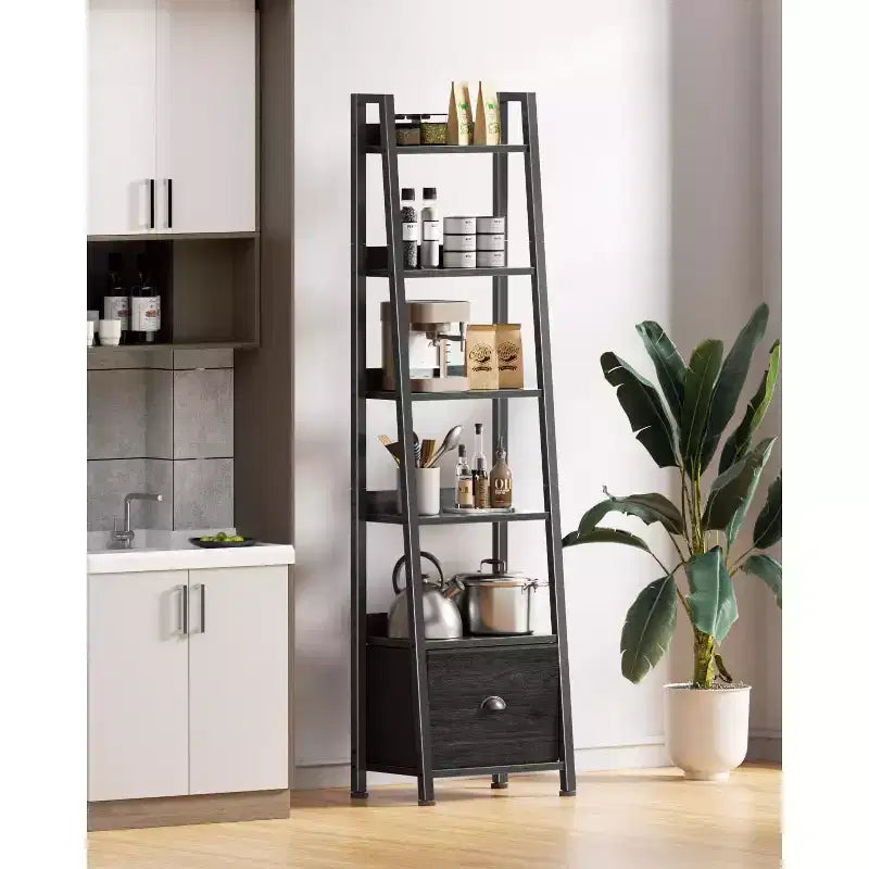Schwarzes Leiterregal mit 6 Ebenen, Schublade, hoch, industrieller Stil, freistehendes Aufbewahrungsregal aus Holz und Metall, Etagerenregal für Homeoffice und Wohnräume