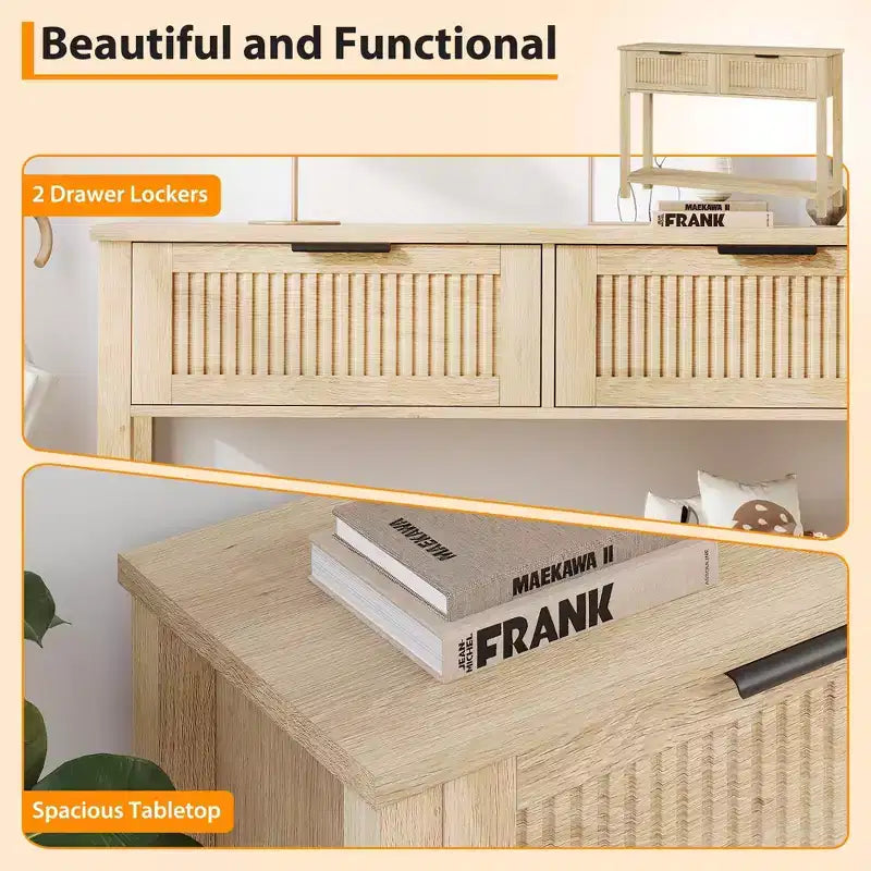 Mesa consola para sofá con 2 cajones, superficie de madera y estante abierto, para recibidor, entrada, pasillo o detrás del sofá, color natural
