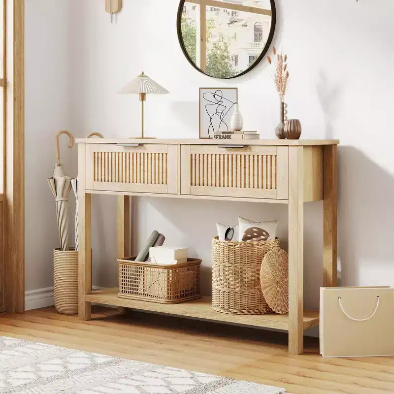 Mesa consola para sofá con 2 cajones, superficie de madera y estante abierto, para recibidor, entrada, pasillo o detrás del sofá, color natural