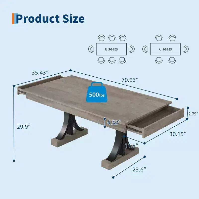 Mesa de comedor de 71 para 6-8 personas con 2 cajones, mesa rectangular de cocina, mesa de comedor de madera con estructura metálica