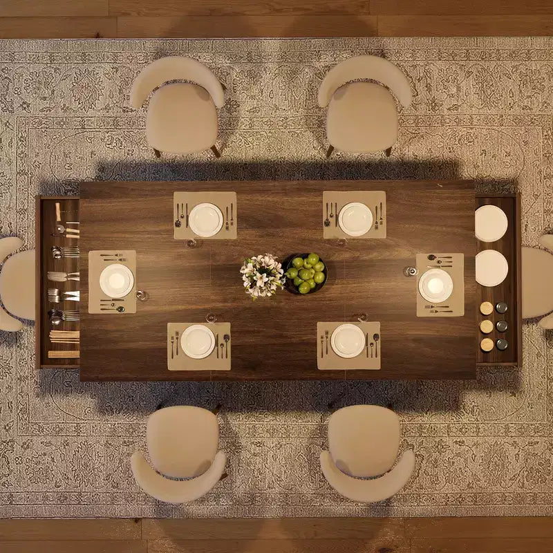 Table de salle à manger de 71 pour 6 à 8 personnes avec 2 tiroirs, table de cuisine rectangulaire, structure en métal et plateau en bois