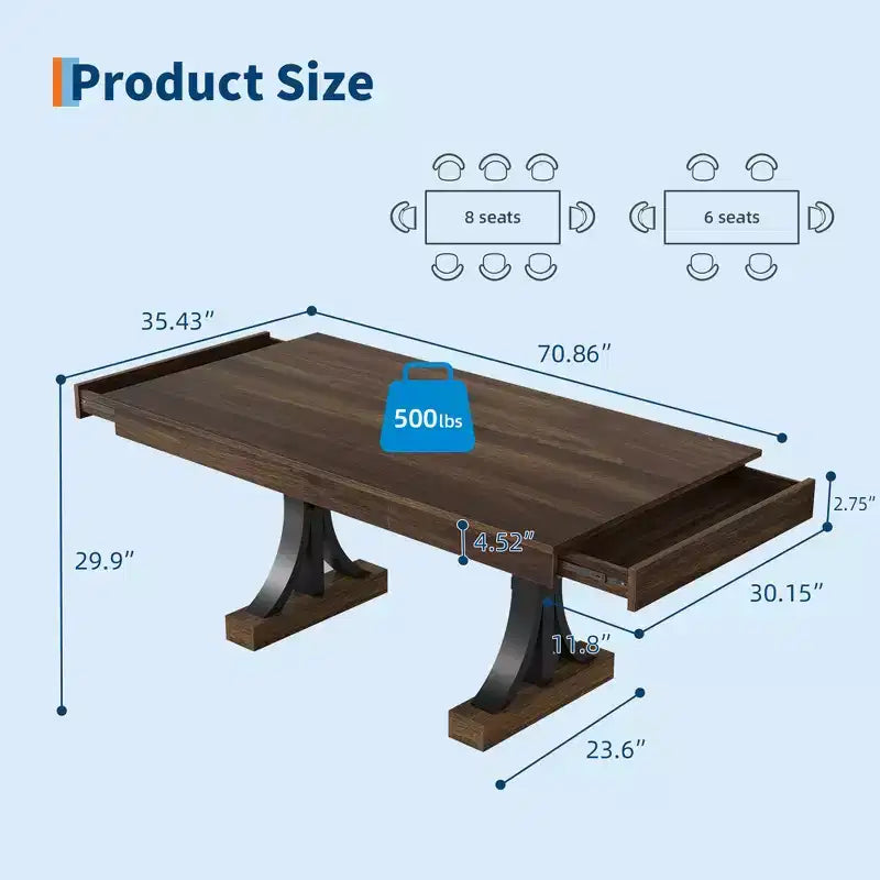 Mesa de comedor de 71 para 6-8 personas con 2 cajones, mesa rectangular de cocina, mesa de comedor de madera con estructura metálica