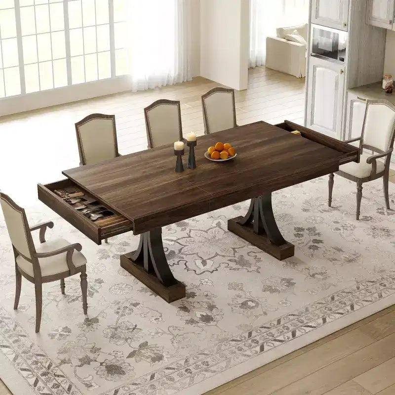 Mesa de comedor de 71 para 6-8 personas con 2 cajones, mesa rectangular de cocina, mesa de comedor de madera con estructura metálica