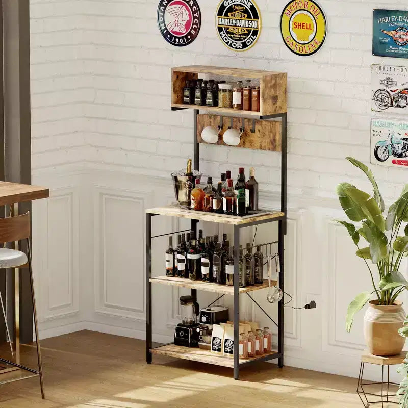 Estante de cocina de 4 niveles, soporte industrial para microondas con 10 ganchos, estación de café y estante de almacenamiento multiusos para el comedor, fácil de montar