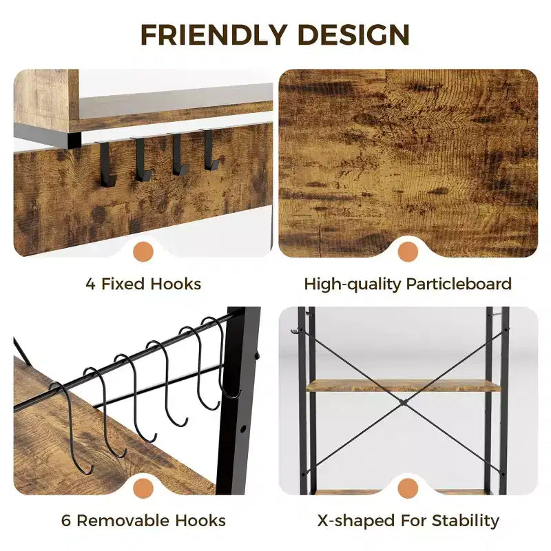 Estante de cocina de 4 niveles, soporte industrial para microondas con 10 ganchos, estación de café y estante de almacenamiento multiusos para el comedor, fácil de montar