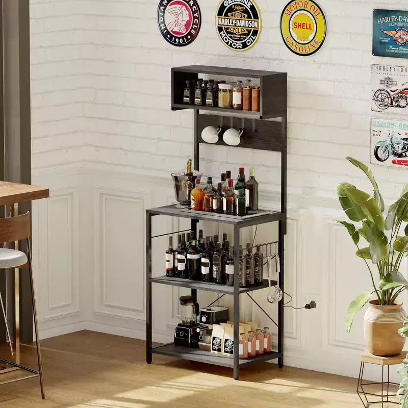 Estante de cocina de 4 niveles, soporte industrial para microondas con 10 ganchos, estación de café y estante de almacenamiento multiusos para el comedor, fácil de montar