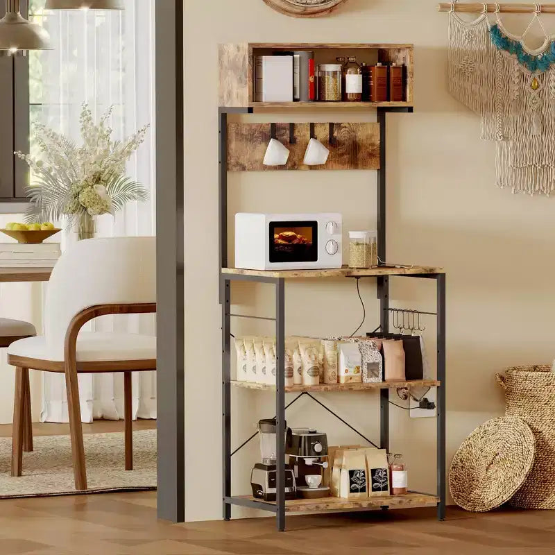 Estante de cocina de 4 niveles, soporte industrial para microondas con 10 ganchos, estación de café y estante de almacenamiento multiusos para el comedor, fácil de montar