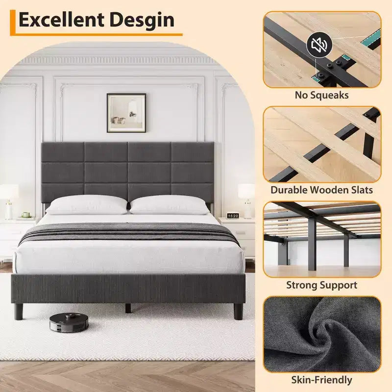 Estructura de cama con plataforma moderna tapizada, cabecero ajustable, no necesita somier, estructura silenciosa