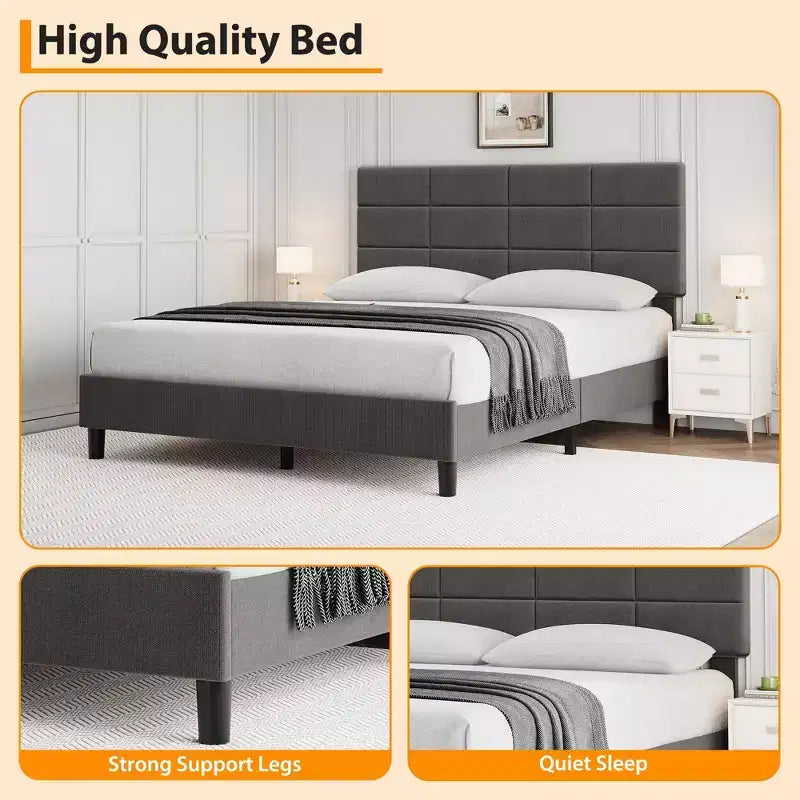 Estructura de cama con plataforma moderna tapizada, cabecero ajustable, no necesita somier, estructura silenciosa
