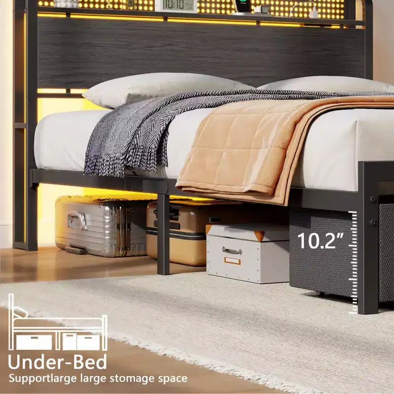 Queensize-Polsterbettgestell mit Stauraum, 2 Schubladen, Kopfteil, LED-Leuchten und Ladestation, besonders robust, aus Metall und Holz, kein Lattenrost erforderlich, USB, für Gästezimmer