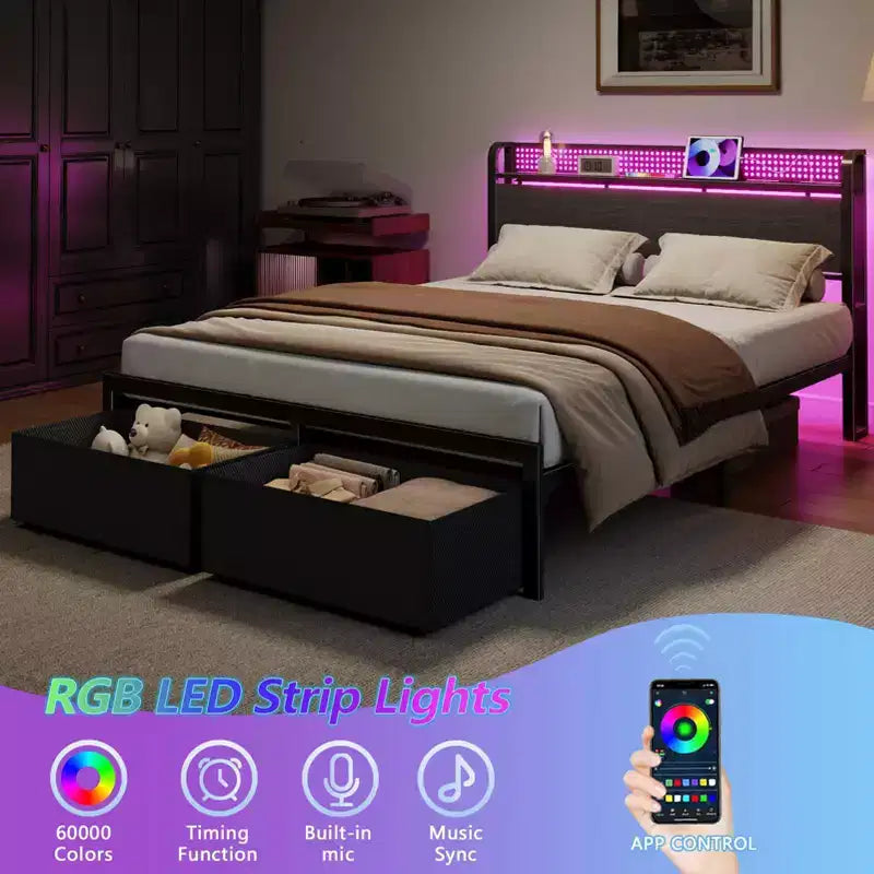 Queensize-Polsterbettgestell mit Stauraum, 2 Schubladen, Kopfteil, LED-Leuchten und Ladestation, besonders robust, aus Metall und Holz, kein Lattenrost erforderlich, USB, für Gästezimmer