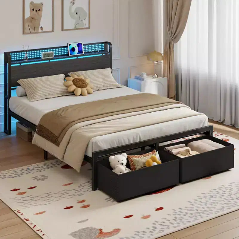 Estructura de cama con plataforma tamaño queen, 2 cajones de almacenamiento, cabecero con luces LED y estación de carga, metal y madera resistentes, no necesita somier, USB, para dormitorio de invitados