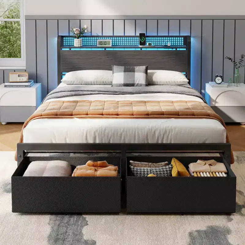 Estructura de cama con plataforma tamaño queen, 2 cajones de almacenamiento, cabecero con luces LED y estación de carga, metal y madera resistentes, no necesita somier, USB, para dormitorio de invitados