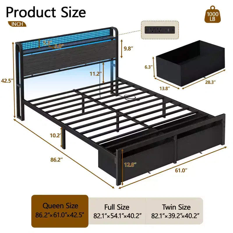 Estructura de cama con plataforma tamaño queen, 2 cajones de almacenamiento, cabecero con luces LED y estación de carga, metal y madera resistentes, no necesita somier, USB, para dormitorio de invitados