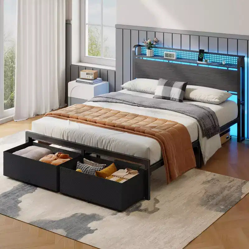 Queensize-Polsterbettgestell mit Stauraum, 2 Schubladen, Kopfteil, LED-Leuchten und Ladestation, besonders robust, aus Metall und Holz, kein Lattenrost erforderlich, USB, für Gästezimmer