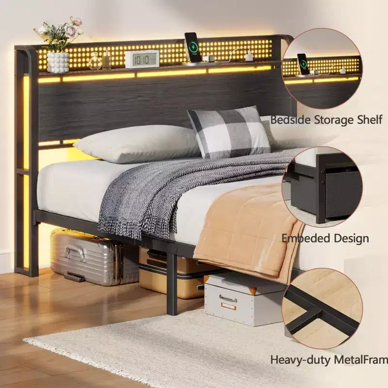 Queensize-Polsterbettgestell mit Stauraum, 2 Schubladen, Kopfteil, LED-Leuchten und Ladestation, besonders robust, aus Metall und Holz, kein Lattenrost erforderlich, USB, für Gästezimmer