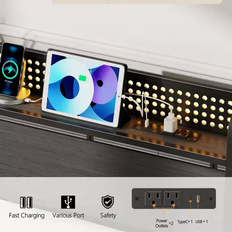 Queensize-Polsterbettgestell mit Stauraum, 2 Schubladen, Kopfteil, LED-Leuchten und Ladestation, besonders robust, aus Metall und Holz, kein Lattenrost erforderlich, USB, für Gästezimmer