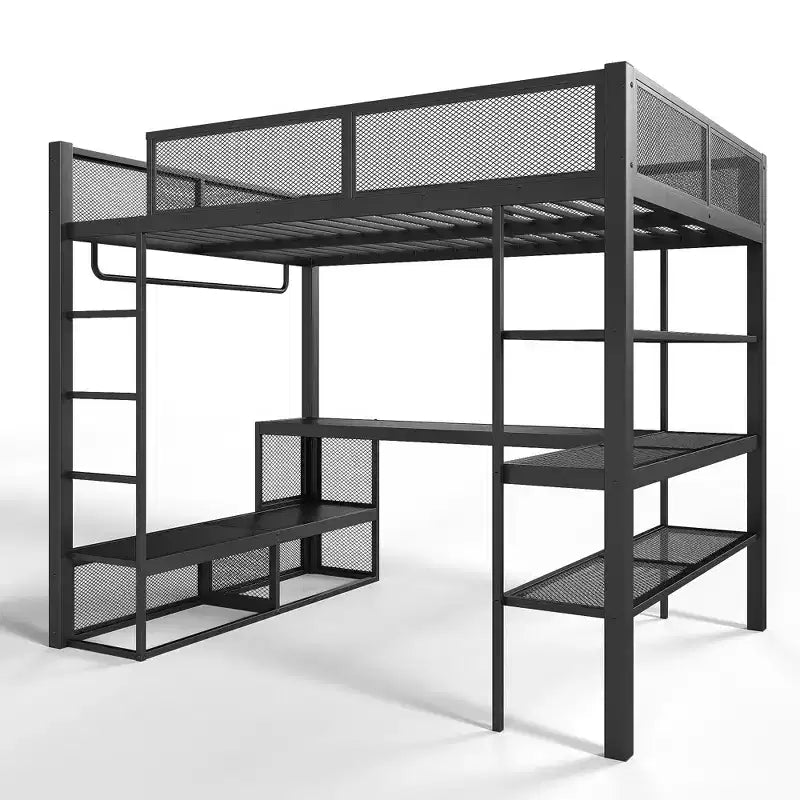 Queensize-Hochbett aus Metall mit Schreibtisch, Ablagefächern und Kleiderstange, platzsparender Hochbettrahmen mit Rausfallschutz und Leiter, kein Lattenrost erforderlich, Schwarz