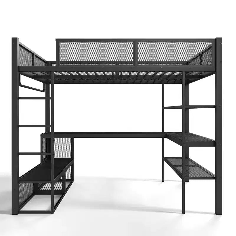 Queensize-Hochbett aus Metall mit Schreibtisch, Ablagefächern und Kleiderstange, platzsparender Hochbettrahmen mit Rausfallschutz und Leiter, kein Lattenrost erforderlich, Schwarz