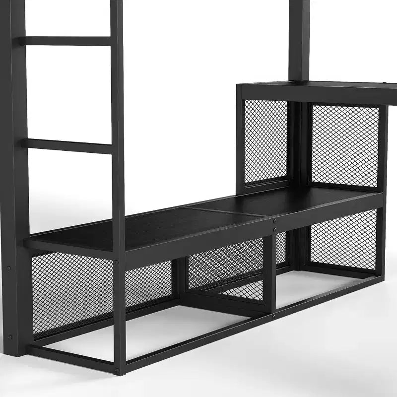 Queensize-Hochbett aus Metall mit Schreibtisch, Ablagefächern und Kleiderstange, platzsparender Hochbettrahmen mit Rausfallschutz und Leiter, kein Lattenrost erforderlich, Schwarz
