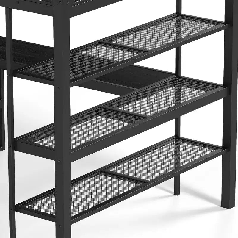 Queensize-Hochbett aus Metall mit Schreibtisch, Ablagefächern und Kleiderstange, platzsparender Hochbettrahmen mit Rausfallschutz und Leiter, kein Lattenrost erforderlich, Schwarz