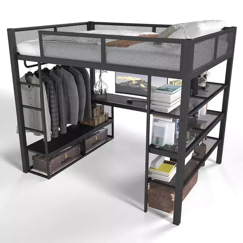 Queensize-Hochbett aus Metall mit Schreibtisch, Ablagefächern und Kleiderstange, platzsparender Hochbettrahmen mit Rausfallschutz und Leiter, kein Lattenrost erforderlich, Schwarz