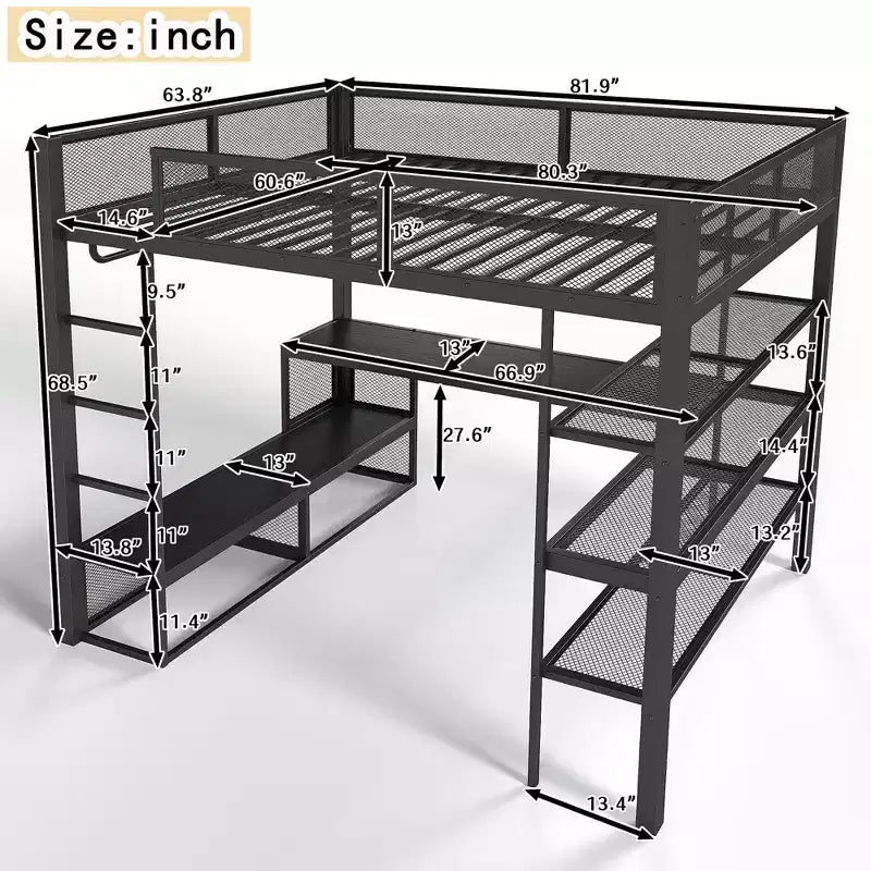 Queensize-Hochbett aus Metall mit Schreibtisch, Ablagefächern und Kleiderstange, platzsparender Hochbettrahmen mit Rausfallschutz und Leiter, kein Lattenrost erforderlich, Schwarz