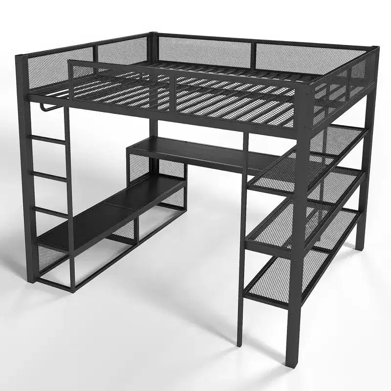 Queensize-Hochbett aus Metall mit Schreibtisch, Ablagefächern und Kleiderstange, platzsparender Hochbettrahmen mit Rausfallschutz und Leiter, kein Lattenrost erforderlich, Schwarz