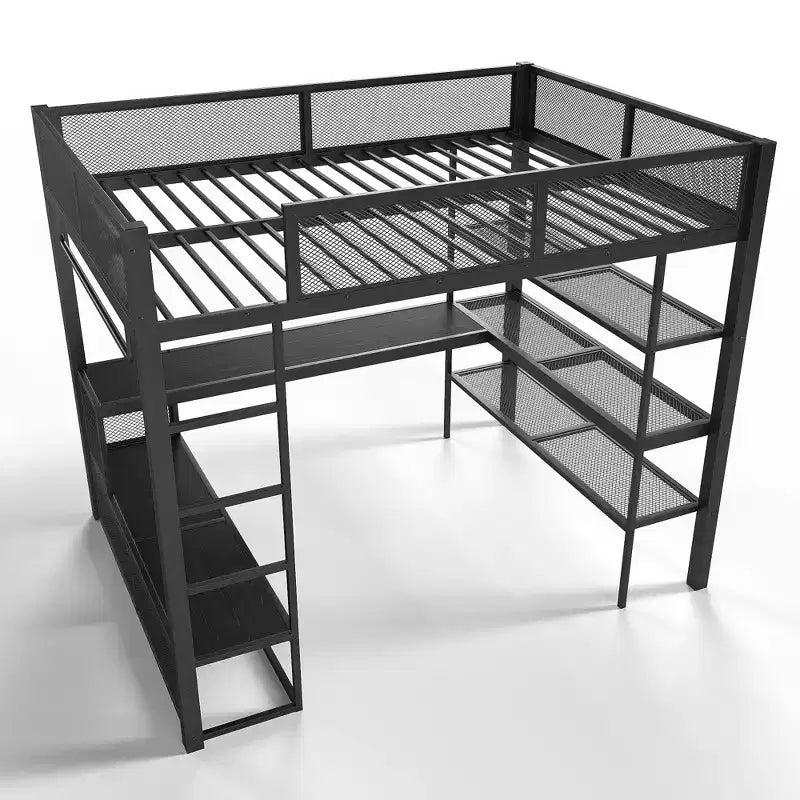 Queensize-Hochbett aus Metall mit Schreibtisch, Ablagefächern und Kleiderstange, platzsparender Hochbettrahmen mit Rausfallschutz und Leiter, kein Lattenrost erforderlich, Schwarz