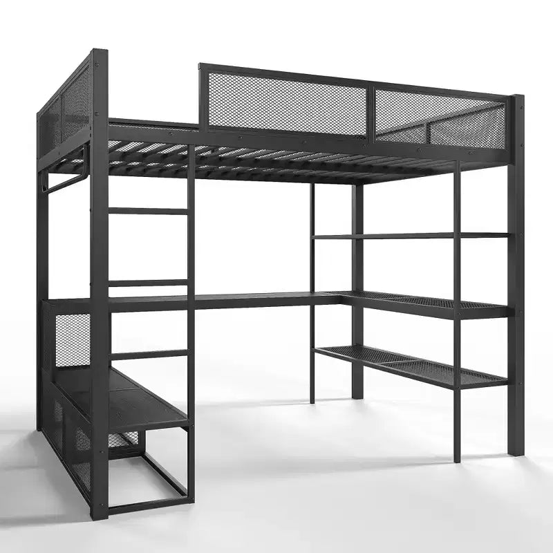 Queensize-Hochbett aus Metall mit Schreibtisch, Ablagefächern und Kleiderstange, platzsparender Hochbettrahmen mit Rausfallschutz und Leiter, kein Lattenrost erforderlich, Schwarz