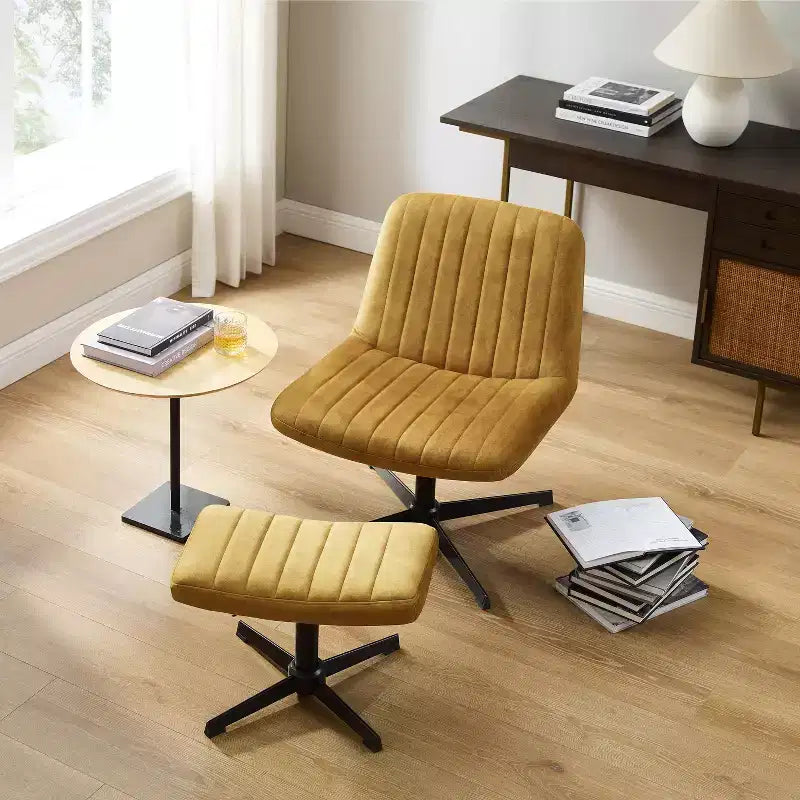 Drehbarer Akzentstuhl, Schreibtischstuhl ohne Rollen, moderner armlehnenloser Stuhl mit Bouclé-Bezug und Fußstütze