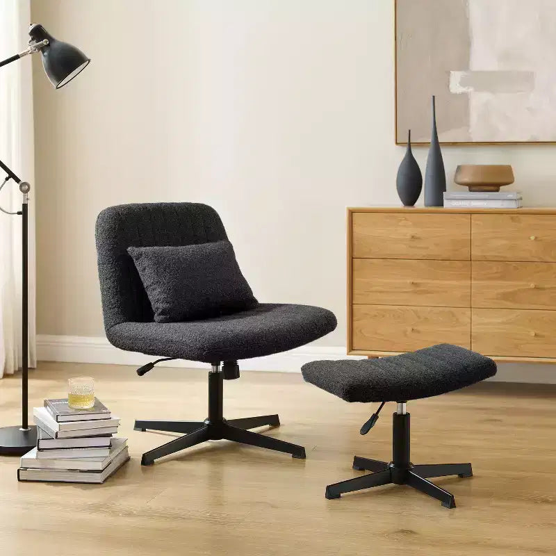 Silla decorativa giratoria, silla de escritorio sin ruedas, silla sin brazos moderna tapizada en tela bouclé con reposapiés
