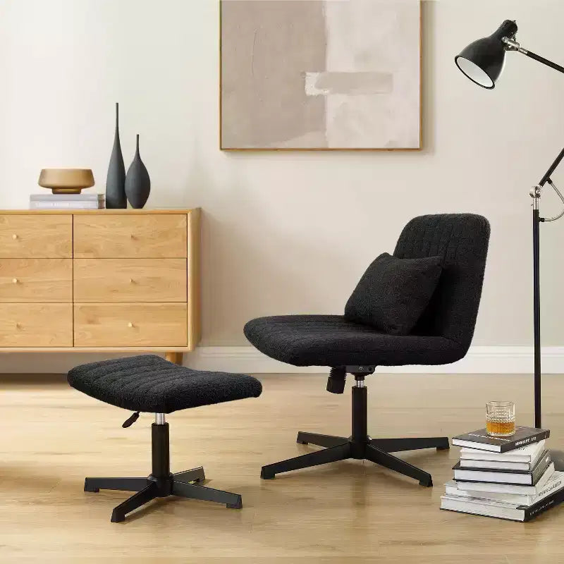 Silla decorativa giratoria, silla de escritorio sin ruedas, silla sin brazos moderna tapizada en tela bouclé con reposapiés