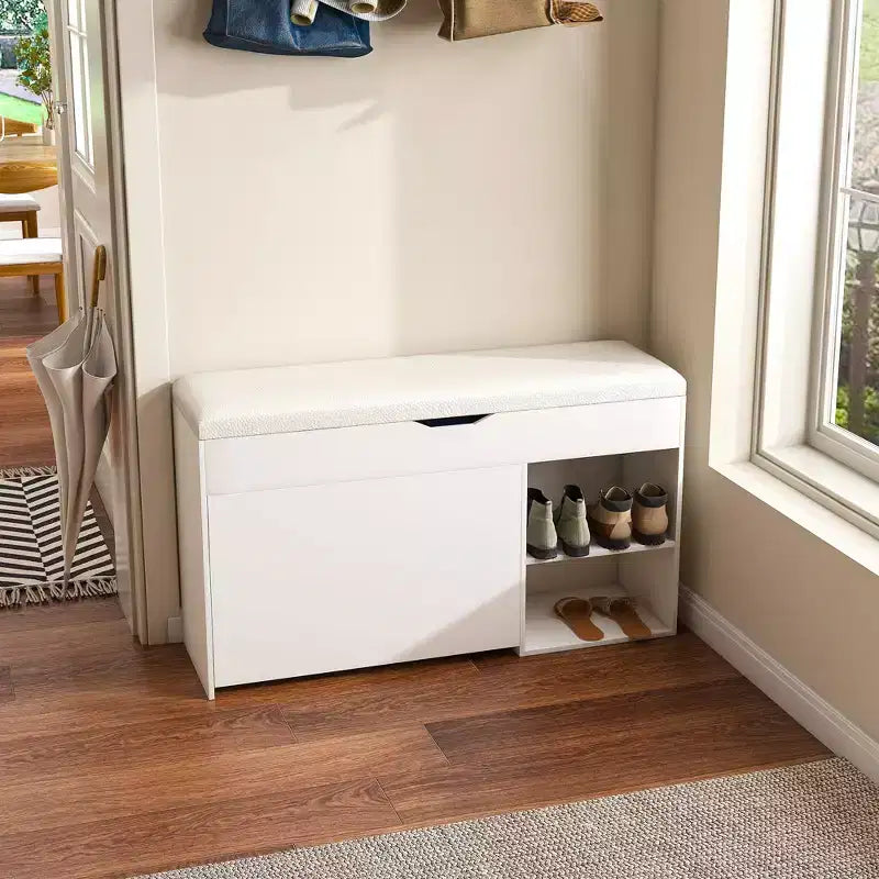 Banc d’entrée avec rangement à chaussures, 3 tiroirs basculants, compartiment dissimulé, meuble gain de place, blanc