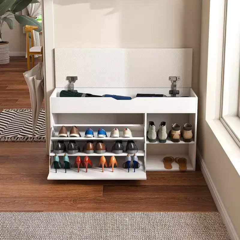 Banc d’entrée avec rangement à chaussures, 3 tiroirs basculants, compartiment dissimulé, meuble gain de place, blanc