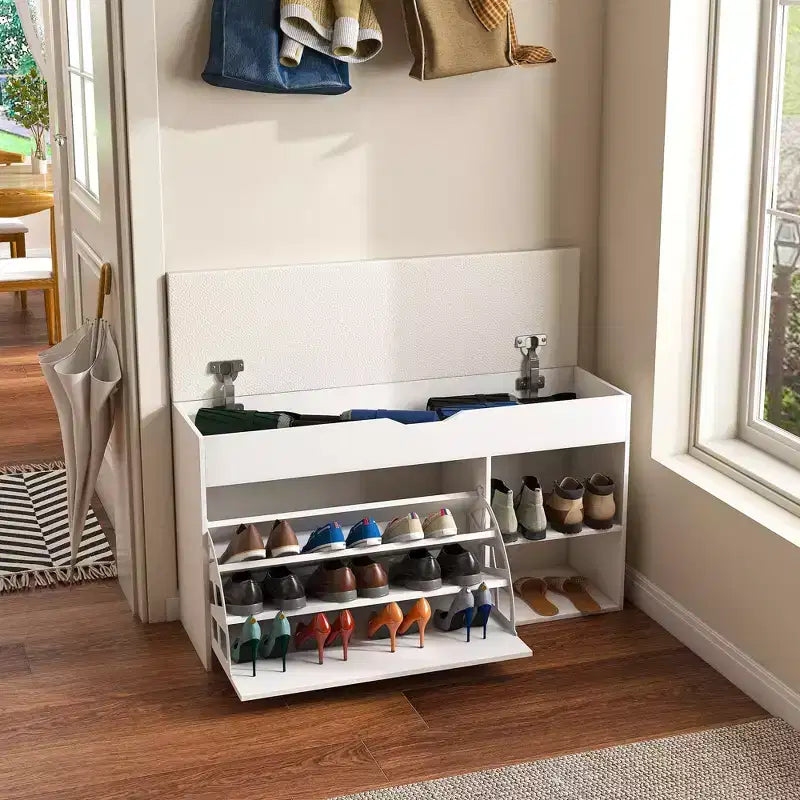 Banc d’entrée avec rangement à chaussures, 3 tiroirs basculants, compartiment dissimulé, meuble gain de place, blanc