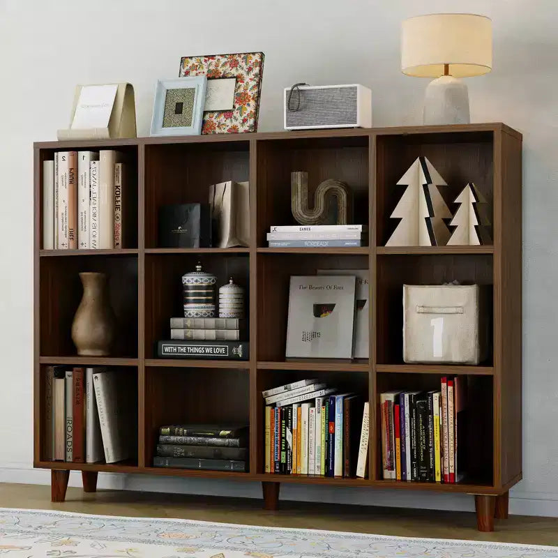 Bücherregal mit 12 Fächern, offenes Regal mit 2 Ebenen, modernes Würfelregal aus Holz für Wohnzimmer, Schlafzimmer und Heimbüro, Retrob braun