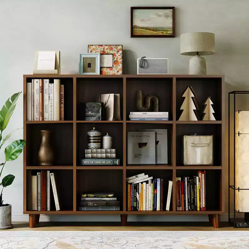Librería de 12 cubos, estantería abierta de almacenamiento de 2 niveles, organizador moderno de madera para sala de estar, dormitorio y oficina en casa, marrón retro