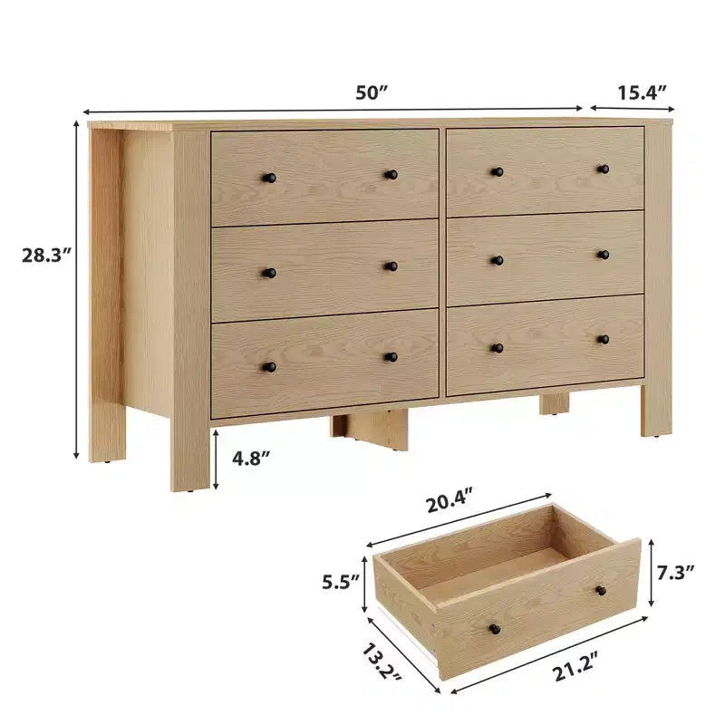 Kommode aus Holz mit 6 Schubladen für das Schlafzimmer, moderne breite Aufbewahrungskommode für Wohnzimmer, Eingangsbereich und Flur