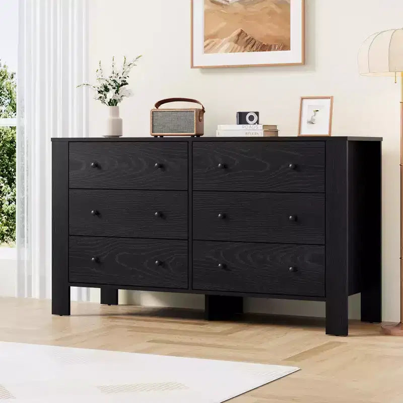 Commode en bois à 6 tiroirs pour chambre, grand meuble de rangement moderne pour salon, entrée ou couloir