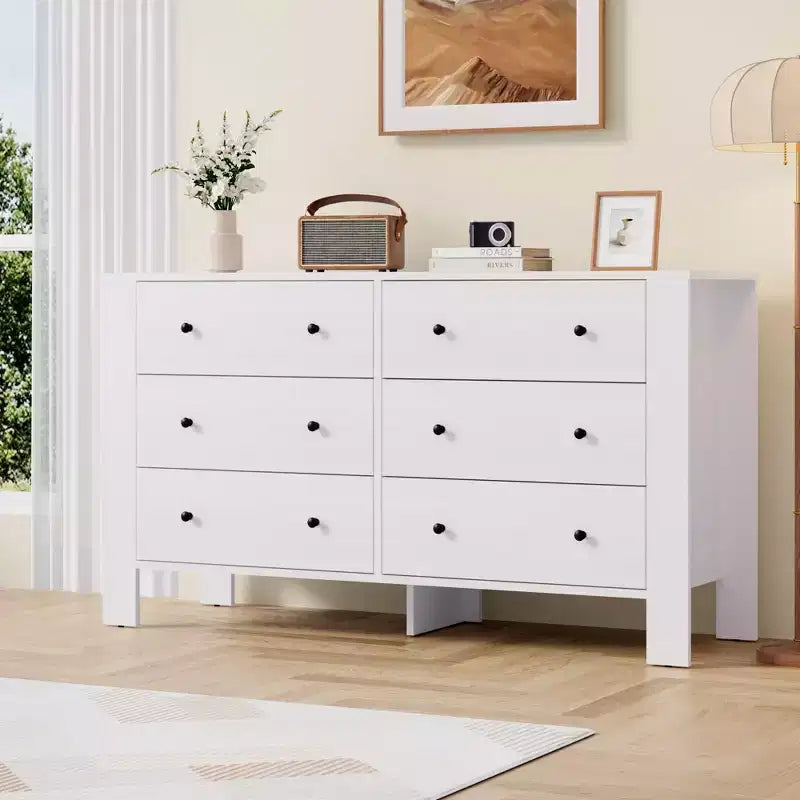 Commode en bois à 6 tiroirs pour chambre, grand meuble de rangement moderne pour salon, entrée ou couloir