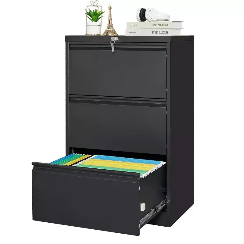 Seitlicher Aktenschrank mit 3 Schubladen und Schloss, Aktenschrank aus Metall mit Kartenhalter, Aktenschrank aus Stahl für unter den Schreibtisch im Homeoffice