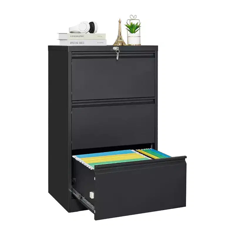 Seitlicher Aktenschrank mit 3 Schubladen und Schloss, Aktenschrank aus Metall mit Kartenhalter, Aktenschrank aus Stahl für unter den Schreibtisch im Homeoffice