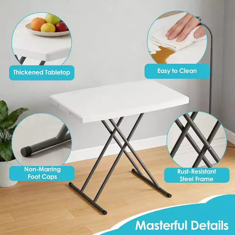Klapptisch, 30 Zoll, vielseitiger Klapptisch für kleine Räume, kleiner Schreibtisch mit verstellbarer Höhe, TV-Tablett für Laptop, Sofa und Camping, Weiß