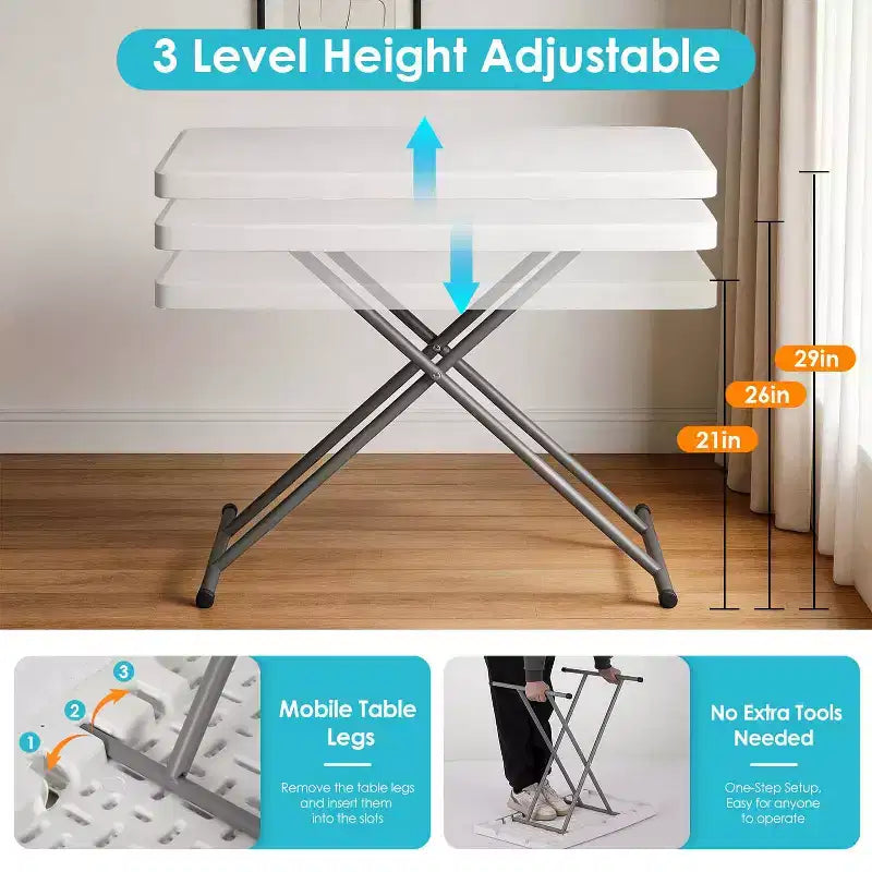 Klapptisch, 30 Zoll, vielseitiger Klapptisch für kleine Räume, kleiner Schreibtisch mit verstellbarer Höhe, TV-Tablett für Laptop, Sofa und Camping, Weiß