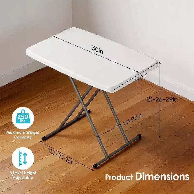 Klapptisch, 30 Zoll, vielseitiger Klapptisch für kleine Räume, kleiner Schreibtisch mit verstellbarer Höhe, TV-Tablett für Laptop, Sofa und Camping, Weiß